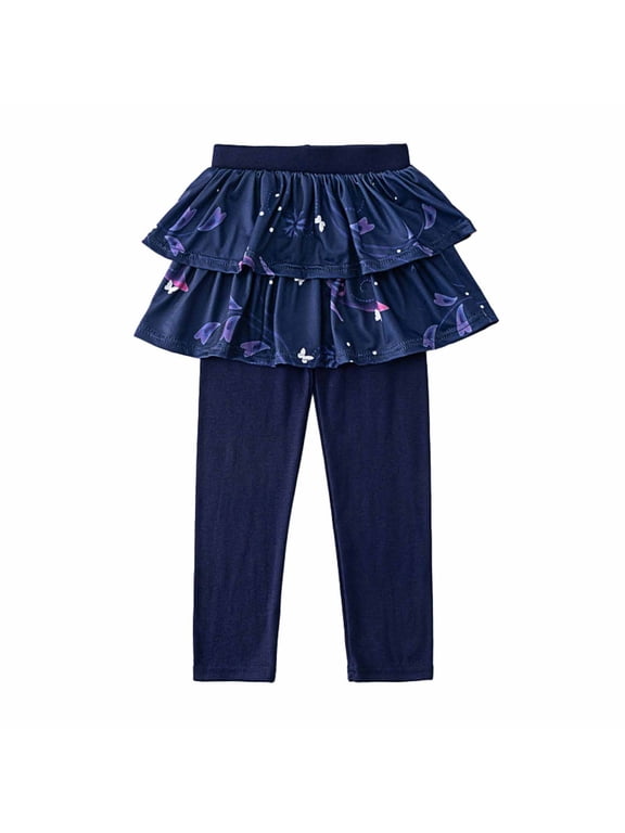 Kids Girls Leggings with Skirt Tutu Pants Cotton Stretchy Tights Pants Fashionable Casual Childrens Pants Printed Culotte Full Length Pants Navy