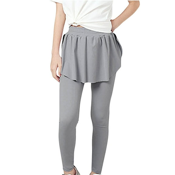 Odeerbi Kids Girls Leggings with Skirt Tutu Pants Yoga Stretchy Tights Pants Children's Sports Yoga Leggings Full Length Pants Gray