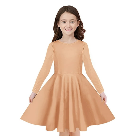 Odeerbi Kids Girls Long Sleeve A-Line Dress Spring Cute Flared Swing Dress Solid Color Stretchy Skater Dress Twirly School Recital Dress Kids Girls Clothes