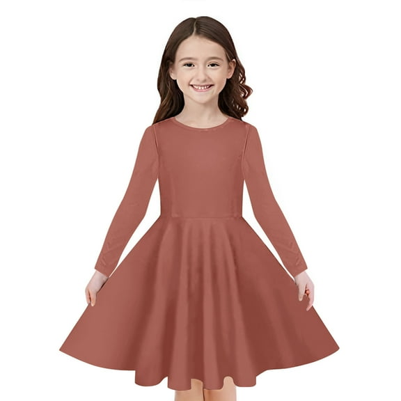 Odeerbi Kids Girls Long Sleeve A-Line Dress Spring Cute Flared Swing Dress Solid Color Stretchy Skater Dress Twirly School Recital Dress Kids Girls Clothes
