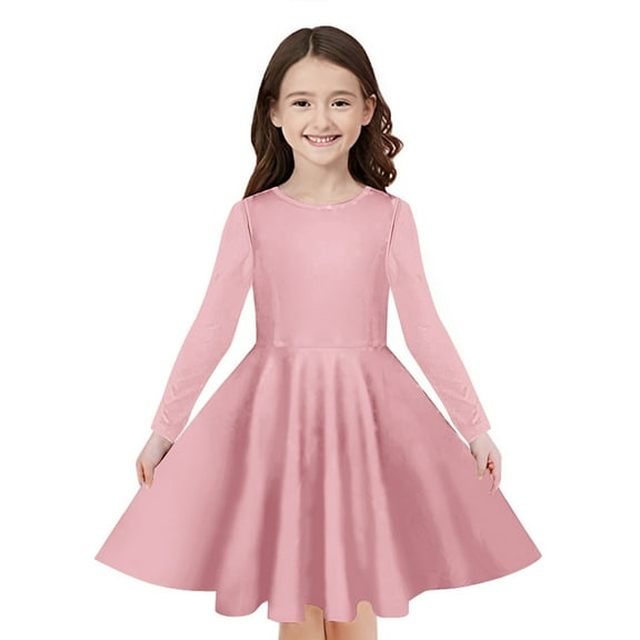 Odeerbi Kids Girls Long Sleeve A-Line Dress Spring Cute Flared Swing Dress Solid Color Stretchy Skater Dress Twirly School Recital Dress Kids Girls Clothes