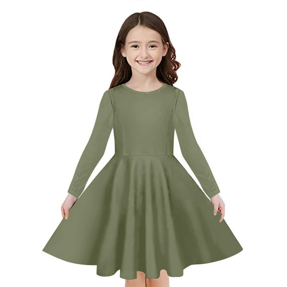 Odeerbi Kids Girls Long Sleeve A-Line Dress Spring Cute Flared Swing Dress Solid Color Stretchy Skater Dress Twirly School Recital Dress Kids Girls Clothes