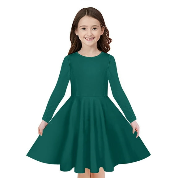Odeerbi Kids Girls Long Sleeve A-Line Dress Spring Cute Flared Swing Dress Solid Color Stretchy Skater Dress Twirly School Recital Dress Kids Girls Clothes