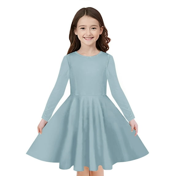 Odeerbi Kids Girls Long Sleeve A-Line Dress Spring Cute Flared Swing Dress Solid Color Stretchy Skater Dress Twirly School Recital Dress Kids Girls Clothes