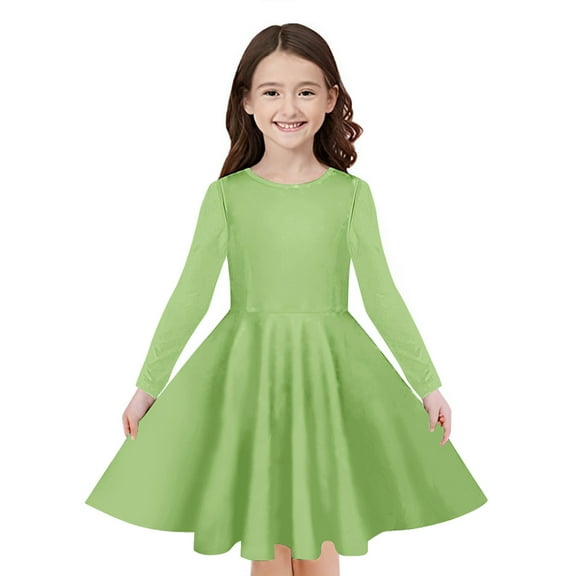 Odeerbi Kids Girls Long Sleeve A-Line Dress Spring Cute Flared Swing Dress Solid Color Stretchy Skater Dress Twirly School Recital Dress Kids Girls Clothes