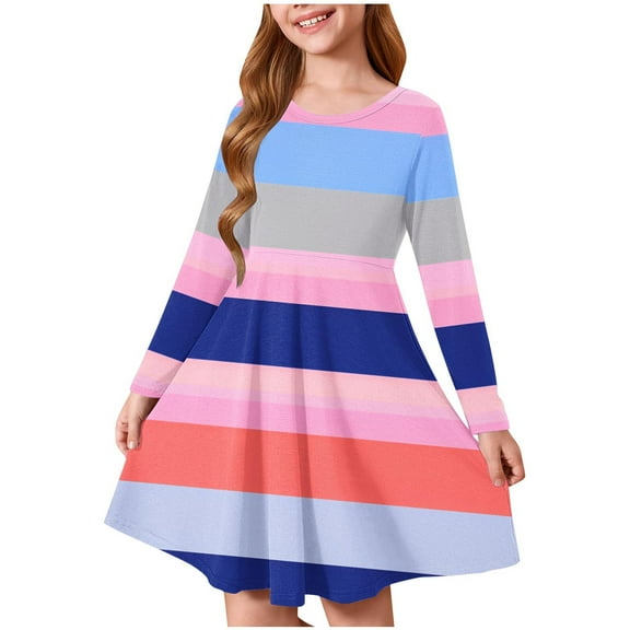 Odeerbi Kids Girls Long Sleeve Ballet Skater Dress Rainbow Striped Stretchy Twirly A Line Dress School Recital Round Neck Dress Kids Girls Clothes