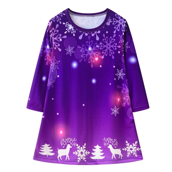 Odeerbi Kids Girls Long Sleeve Christmas Dress Fall Winter Round Neck Cotton Dress Children's Printed Princess Dress Light