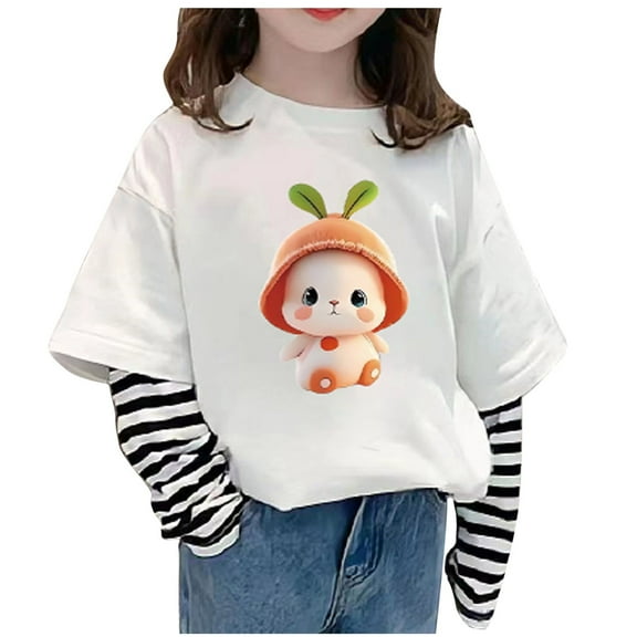 Odeerbi Kids Girls Long Sleeve Cotton Patchwork Shirt Fall Winter Base Layer Striped Undershirt New Bottoming Shirt Children's Base Shirt Fake Two Piece Top White