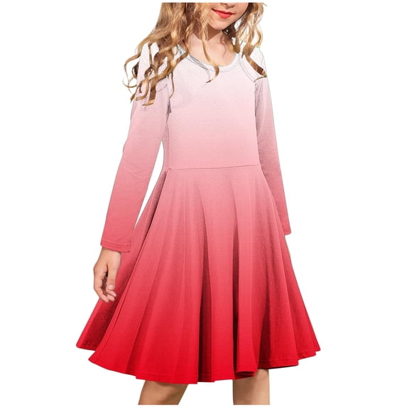 Odeerbi Kids Girls Long Sleeve Gradient Ballet Dresses Cute Stretchy A Line Twirly Skater Dress School Recital Round Neck Dress Kids Girls Clothes
