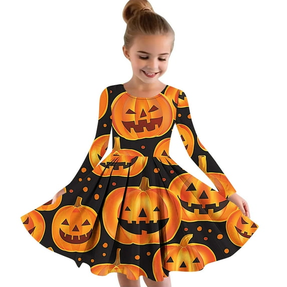 Odeerbi Kids Girls Long Sleeve Halloween Dress Swing A Line Dress 4-14 Years Children Halloween Printed Round Neck Princess Dress Orange