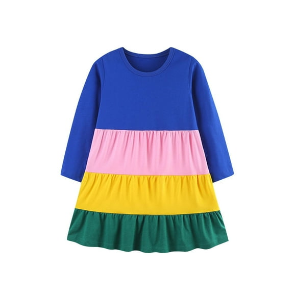 Odeerbi Kids Girls Long Sleeve Rainbow Striped Cotton Dress Spring Fall Cute A-Line Dress Color Blocked Round Neck Loose Casual Dress Kids Girls Clothes