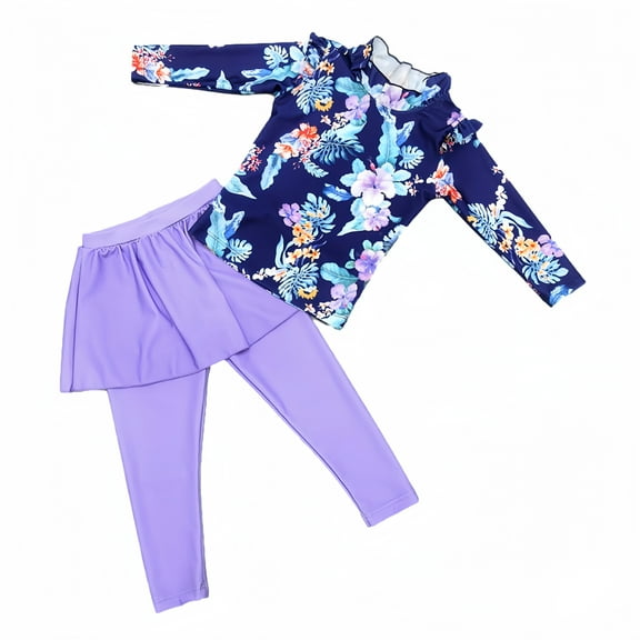 Odeerbi Kids Girls Long Sleeve Rash Guard UV Protection Two Piece Swimsuits Quick Dry Surfing Bathing Suit Children's Printed Skirted Swimwear Long Pants Split Set Beachwear Purple