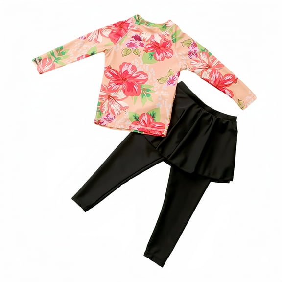 Odeerbi Kids Girls Long Sleeve Rash Guard UV Protection Two Piece Swimsuits Quick Dry Surfing Bathing Suit Children's Printed Skirted Swimwear Long Pants Split Set Beachwear Orange