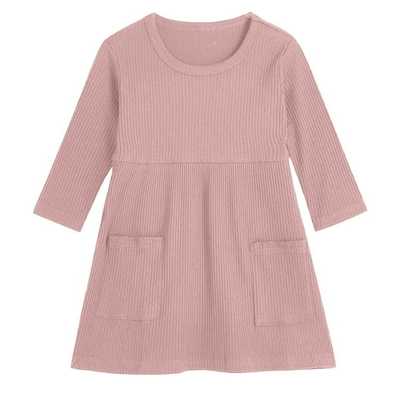 Odeerbi Kids Girls Long Sleeve Rib Knit Dress Spring Fall Cute Cotton Dress with Pocket Fashion Solid Color Round Neck Comfortable Casual Dress Kids Girls Clothes