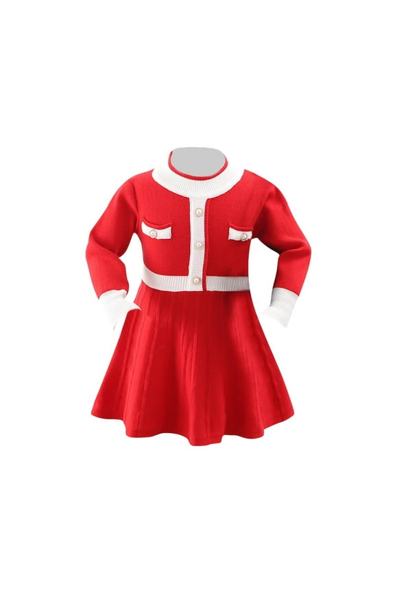 Kids Girls Long Sleeve Sweater Dress Fall Winter Knitted Cotton Dress Fashion Sweet New Solid Color Pleated Round Neck Long Dress Kids Clothes Red