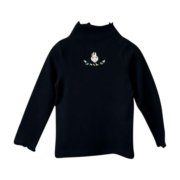 Odeerbi Kids Girls Long Sleeve Tees Mock Neck Cotton Basic Layering T-shirt 1-10 Years Cute Rabbit Printed Half High Collar Base Layer T-shirt Round Neck Top Black