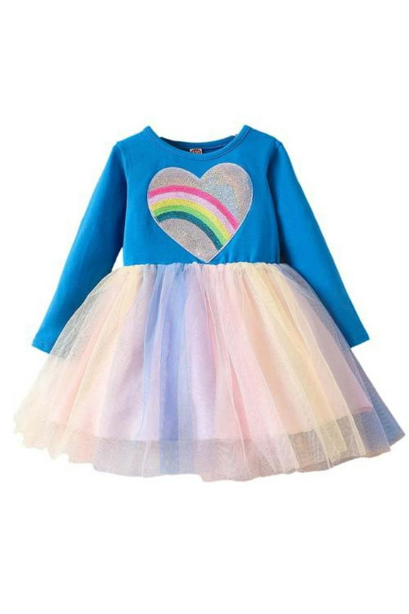Kids Girls Long Sleeve Tulle Tutu Dress Rainbow Sequin Sparkly Pattern Dress Children's Net Princess Dress Knitted Dress Kids Clothes Blue
