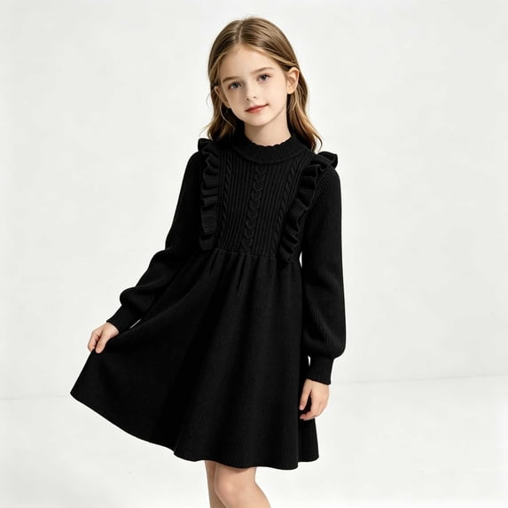 Odeerbi Kids Girls Mock Neck Sweater Dress Ruffle Long Sleeve A-Line Knit Dress for Fall Winter