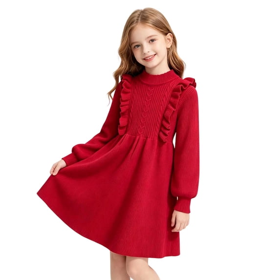 Odeerbi Kids Girls Mock Neck Sweater Dress Ruffle Long Sleeve A-Line Knit Dress for Fall Winter