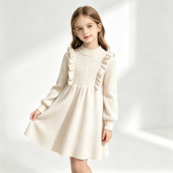 Odeerbi Kids Girls Mock Neck Sweater Dress Ruffle Long Sleeve A-Line Knit Dress for Fall Winter