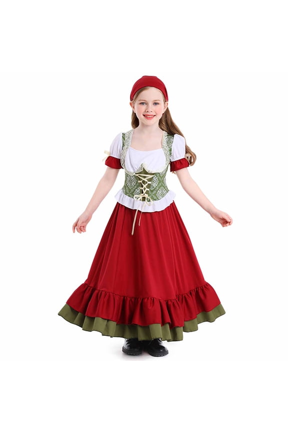 Kids Girls Oktoberfest Stage Performance Dress Two Pieces Skirt Set Corset Dress Tiered Skirt Farm Children's Beer Festival Split Long Dress Wine Dance Dress Red