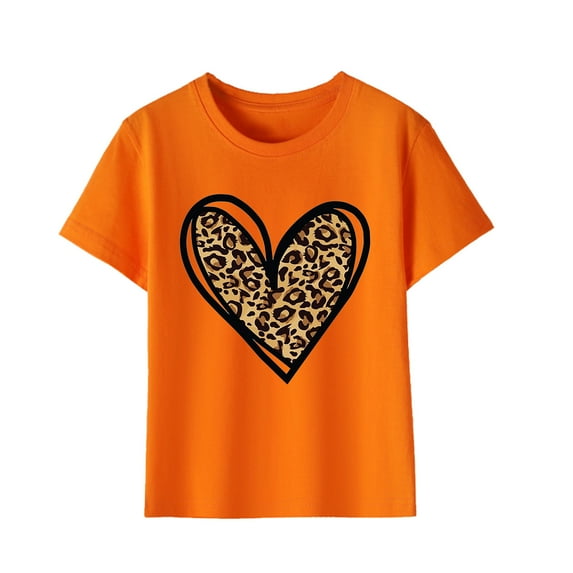 Odeerbi Kids Girls Orange Cotton T-shirt Kids Kids Heart Print Orange Shirt Fashion Cute Round Neck Short Sleeve Top Kids Clothes Orange