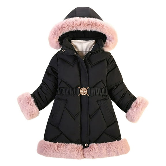 Odeerbi Kids Girls Parka Winter Coat Thermal Quilted Puffer Jacket Padded Coats 4-10 Years Kids Zipper Thickened Cotton Jacket with Pocke Long Sleeve Hooded Outerwear Kids Clothes Black