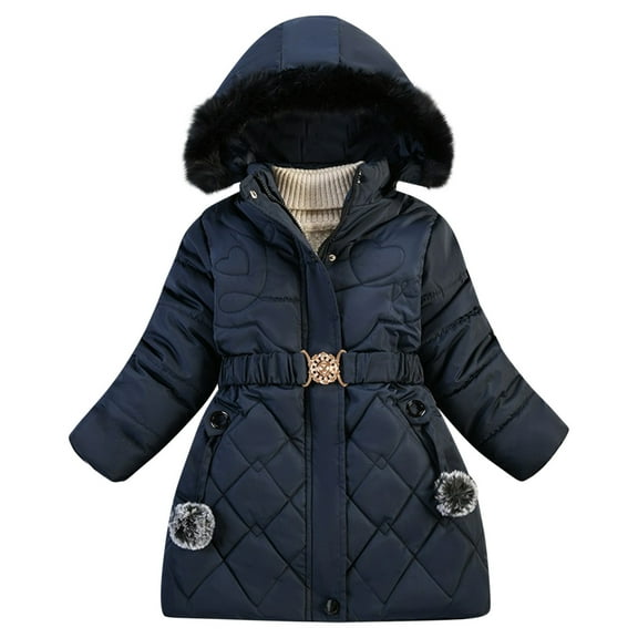 Odeerbi Kids Girls Parka Winter Coat Thermal Quilted Puffer Jacket Padded Coats 4-10 Years Kids Zipper Thickened Cotton Jacket with Pocket Long Sleeve Hooded Outerwear Kids Clothes Navy
