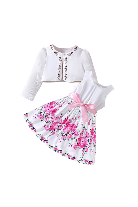 Kids Girls Party Floral Dress with Bolero Shrugs Set Fashion Birthday Long Sleeve Cardigan Flower Printed Strap Slip Dress Two Piece Set White