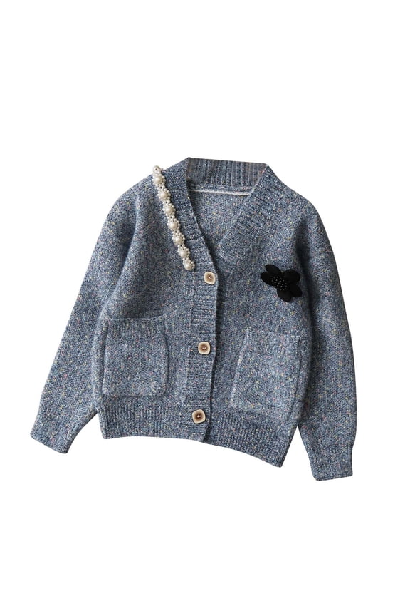 Kids Girls Pearl Cardigan Sweater Winter Lamb Down Sweater Streak Sheep Wool Hooded Zipper Sweater Dark Blue