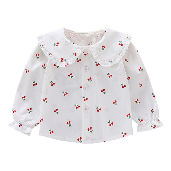 Odeerbi Kids Girls Peter Pan Collar Long Sleeve Shirt Fashion Casual Cute Floral Printing Cotton Tops Button Down Shirt Watermelon Red