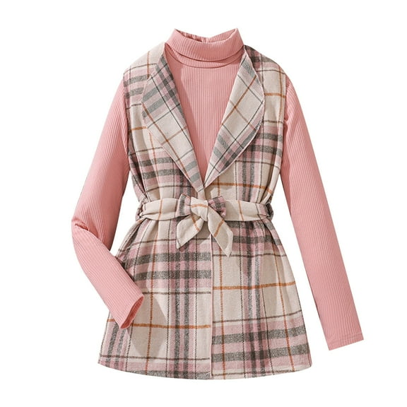 Odeerbi Kids Girls Plaid Sleeveless Blazer Dress with Cotton Turtleneck Basic Tees Set Cute Dress Two Piece Set Spring Knitted Cardigan Set Kids Girls Clothes