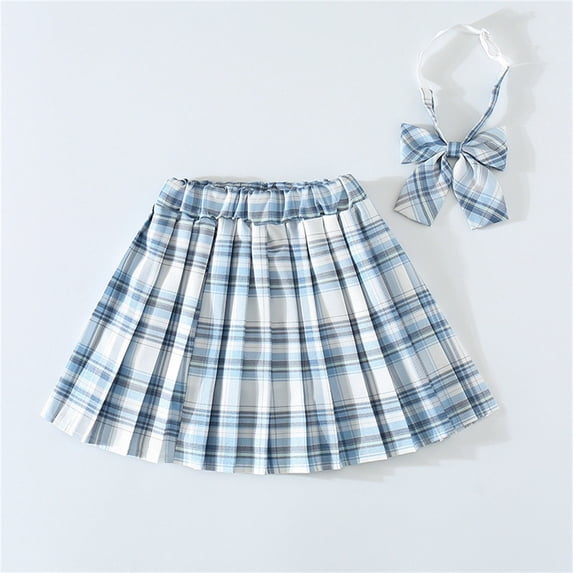 Odeerbi Kids Girls Pleated Skirt with Bow Tie Striped School Uniform Skirt