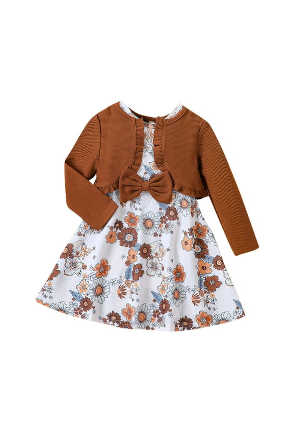 Kids Girls Princess Dress with Shrugs Cover Ups Two-piece Set Floral Cotton Dress New Spring Printed Dress Knitted Cardigan Set Brown