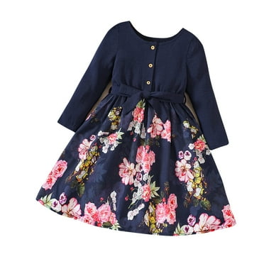 Odeerbi Kids Girls Princess Dress with Shrugs Cover Ups Two-piece Set Floral Cotton Dress New Spring Printed Dress Knitted Cardigan Set Dark Blue