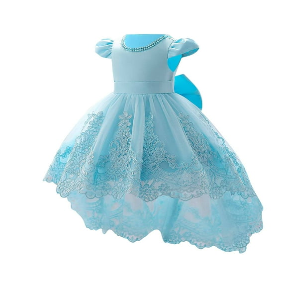 Odeerbi Kids Girls Princess Dresses Party Gowns Cute Solid Color Long Sleeve Formal Dress Evening Dress Round Neck Mid Waist Dress Sky Blue