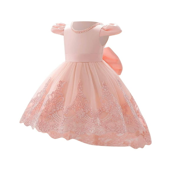 Odeerbi Kids Girls Princess Dresses Party Gowns Cute Solid Color Long Sleeve Formal Dress Evening Dress Round Neck Mid Waist Dress Watermelon Red