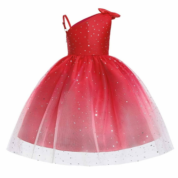 Odeerbi Kids Girls Princess Dresses Party Gowns Formal Dress Sequin Bow Evening Dress Sleeveless One Shoulder Dress Red