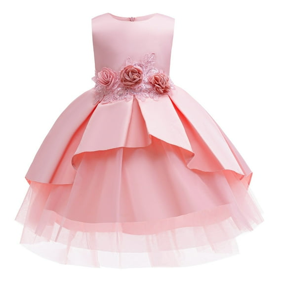 Odeerbi Kids Girls Princess Dresses Party Gowns Printed Dress Sleeveless Formal Dress Round Neck Evening Dress Pink