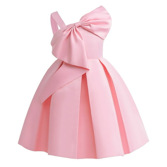 Odeerbi Kids Girls Princess Dresses Party Gowns Solid Color One Shoulder Evening Dress Children Sleeveless Dress Formal Dress Pink