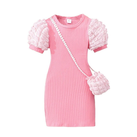 Odeerbi Kids Girls Puff Sleeve Bodycorn Dress with Cute Bag Party Mini Knit Dress Lightweight Short Sleeve Round Neck Solid Color Dress Set Kids Clothes Pink