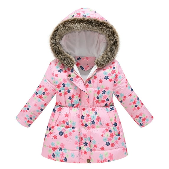 Odeerbi Kids Girls Puffer Jacket Winter Parka Coats Padded Coat Fashion Casual Long Sleeve Turndown Neck Heavy Coat Printed Clothing Outerwear Parkas Pink