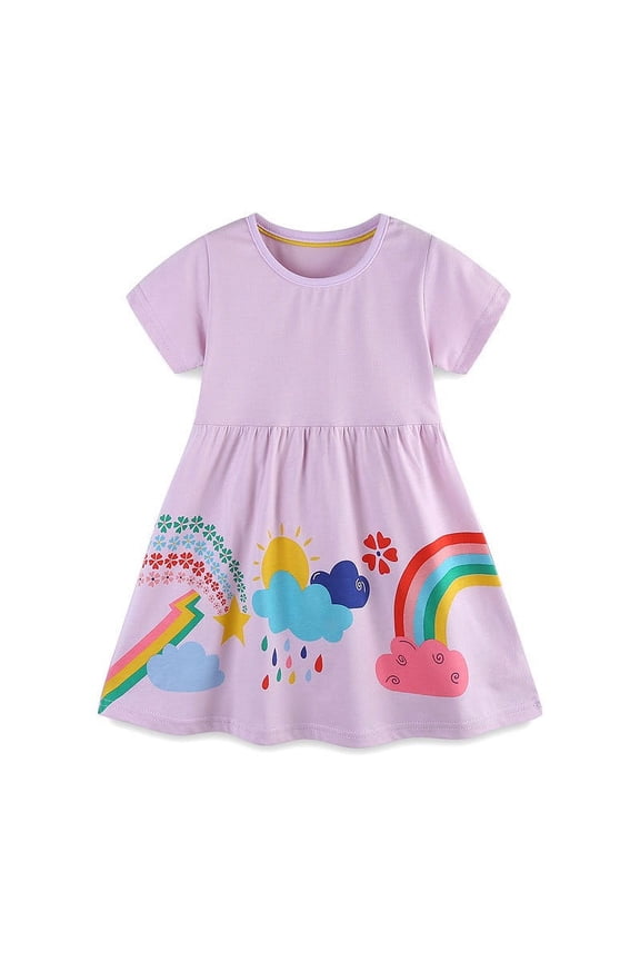 Kids Girls Rainbow Print Dress 2-7 Years Kids Summer Round Neck Knitted Cotton Princess Dresses Purple