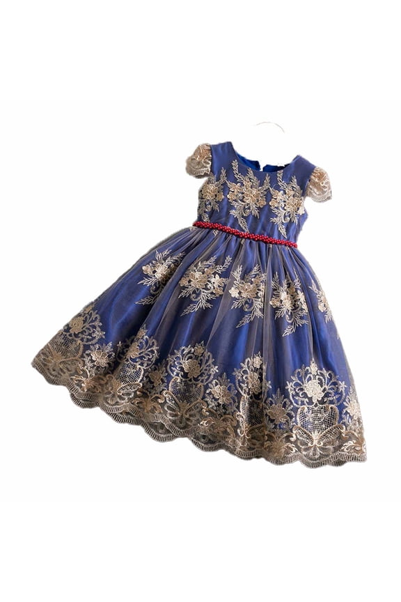 Kids Girls Retro Gowns Lace Embroidered Princess Dress Renaissance Medieval Party Birthday Dress New Pattern Sleeveless Court Style Dress Dark Blue