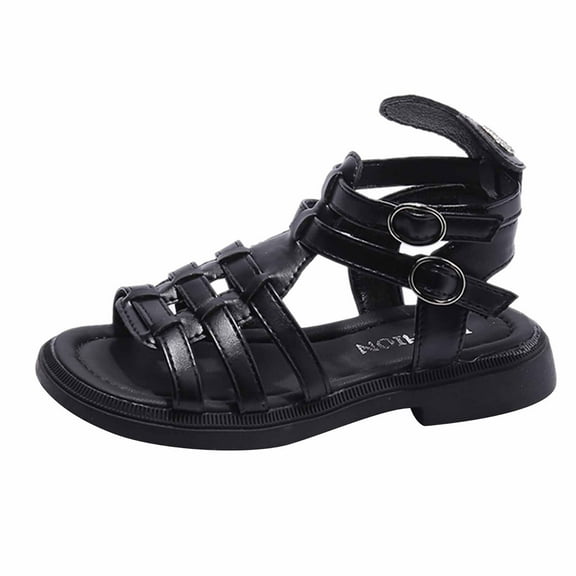 Odeerbi Kids Girls Roman Sandals Summer Beach Princess Sandals Toddler Baby Cute Weave Hollow Out Non-slip Shoes Soft Sole Beach Roman Sandals Black 7-8 Years