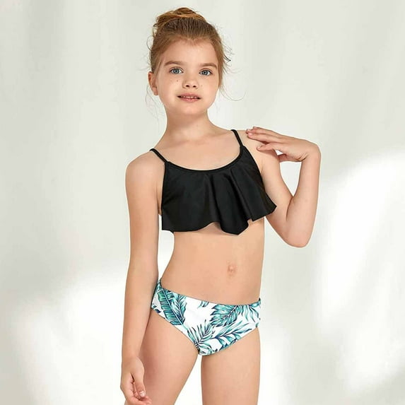 Odeerbi Kids Girls Ruffle Bikini Sets Two Piece Swimsuit Baby Children's Swimwear Scollop Sleeveless Split Swimsuit Bikini Bathing Suit Swimming Set Black 11-12 Years