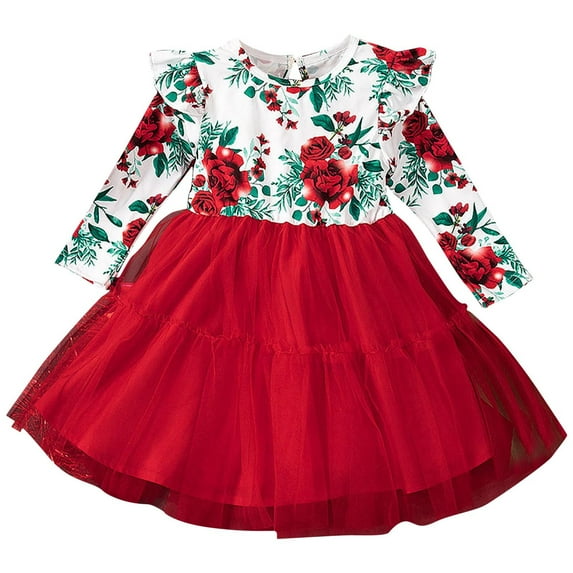 Odeerbi Kids Girls Ruffle Long Sleeve Christmas Dress Floral Tiered Tulle Dress Fall Winter New Round Neck Skirt Rose Print Dress Red