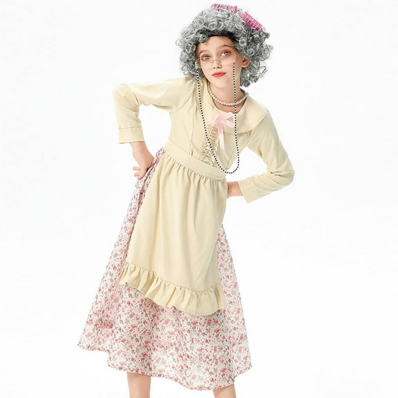 Odeerbi Kids Girls Rural Style Farm Granny Dresses Floral Stage Performance Outfits Role Playing Long Sleeve 100 Days Of School Start Dress Kids Girls Clothes