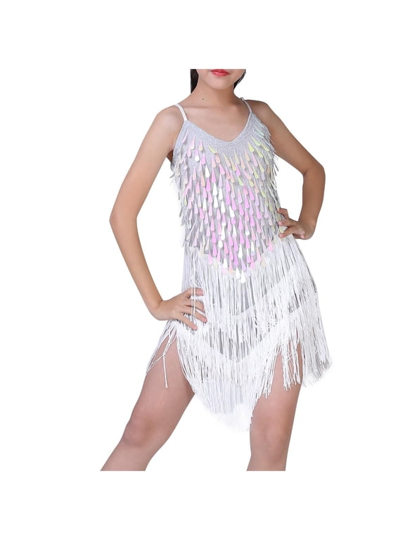 Kids Girls Sequin Sparkly Latin Dance Dress Summer Cotton Fringe Slip Dance Dress