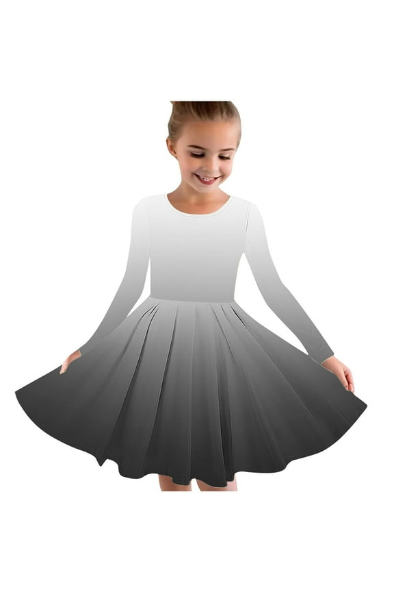 Kids Girls Skater Twirl A-Line Dress Long Sleeve Pleated Dancing Dress Spring Fall Gradient Dress Stretchy Twirly Skater School Recital Dress Kids Clothes Black
